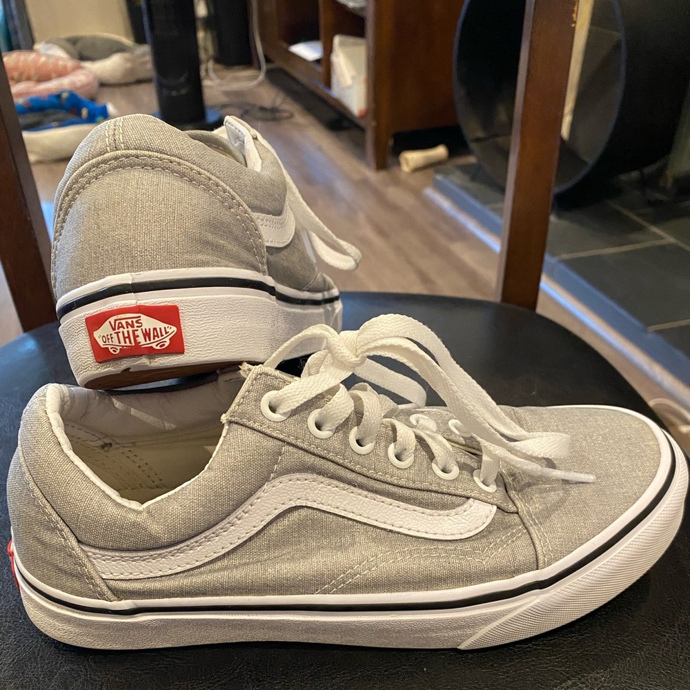 Old Skool Vans, women sz 7.5/men sz 6, shimmery silver gray color